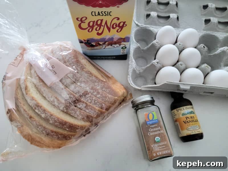 Eggnog French Toast Recipe with Video Tutorial 3 Eggnog French Toast ingredients, sliced bread, classic eggnog, eggs, ground cinnamon, pure vanilla