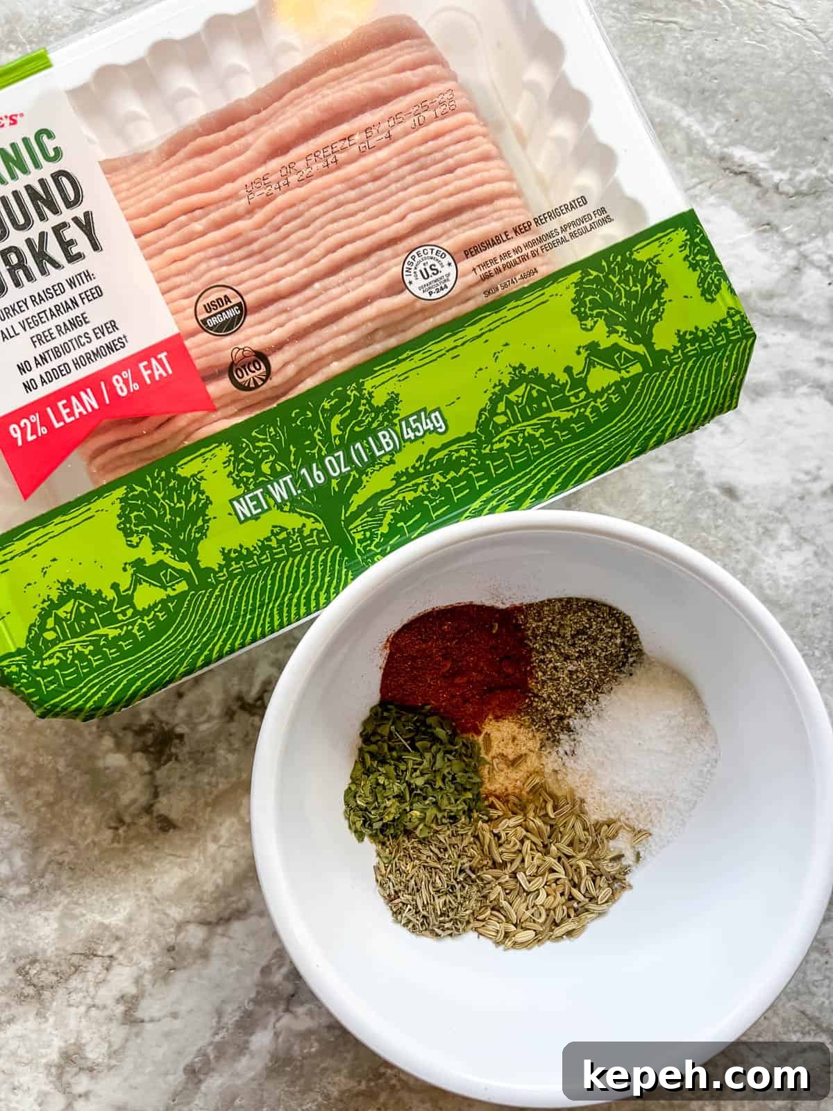 Ingredients needed to make healthy turkey sausage patties.