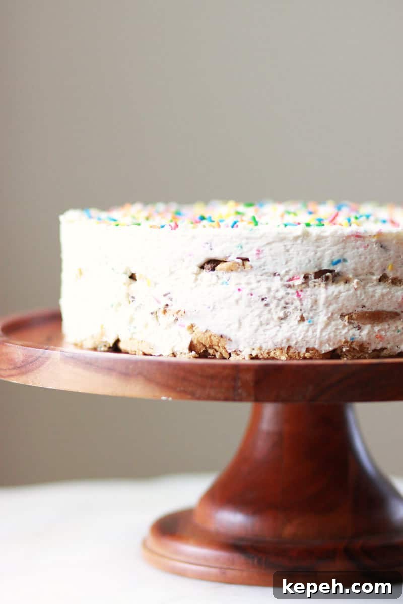 Gluten-Free Funfetti Icebox Cake Recipe for Celebrations 3 a funfetti ice box cake on a wooden cake stand
