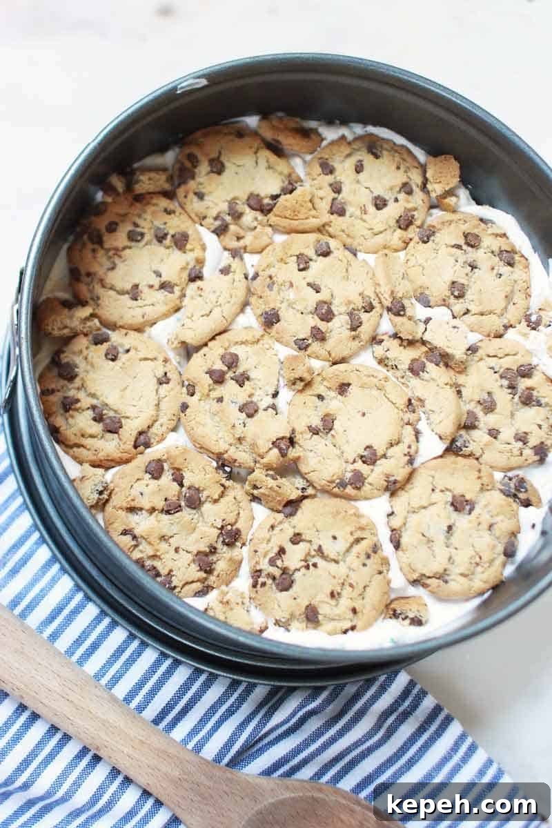 Gluten-Free Funfetti Icebox Cake Recipe for Celebrations 4 a layer of chocolate chip cookies on a layer of cream in a spring form pan