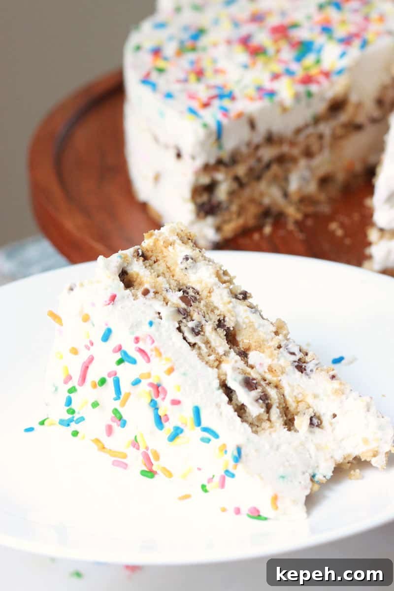 Gluten-Free Funfetti Icebox Cake Recipe for Celebrations 5 a slice of funfetti ice box cake laying on a white plate next to the remaining cake that is set on a wooden cake stand
