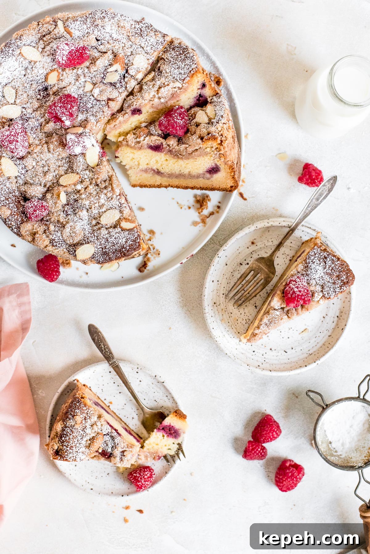 Raspberry Crumb Coffee Cake Recipe – Moist Summer Dessert 4 overhead coffee cake on plates