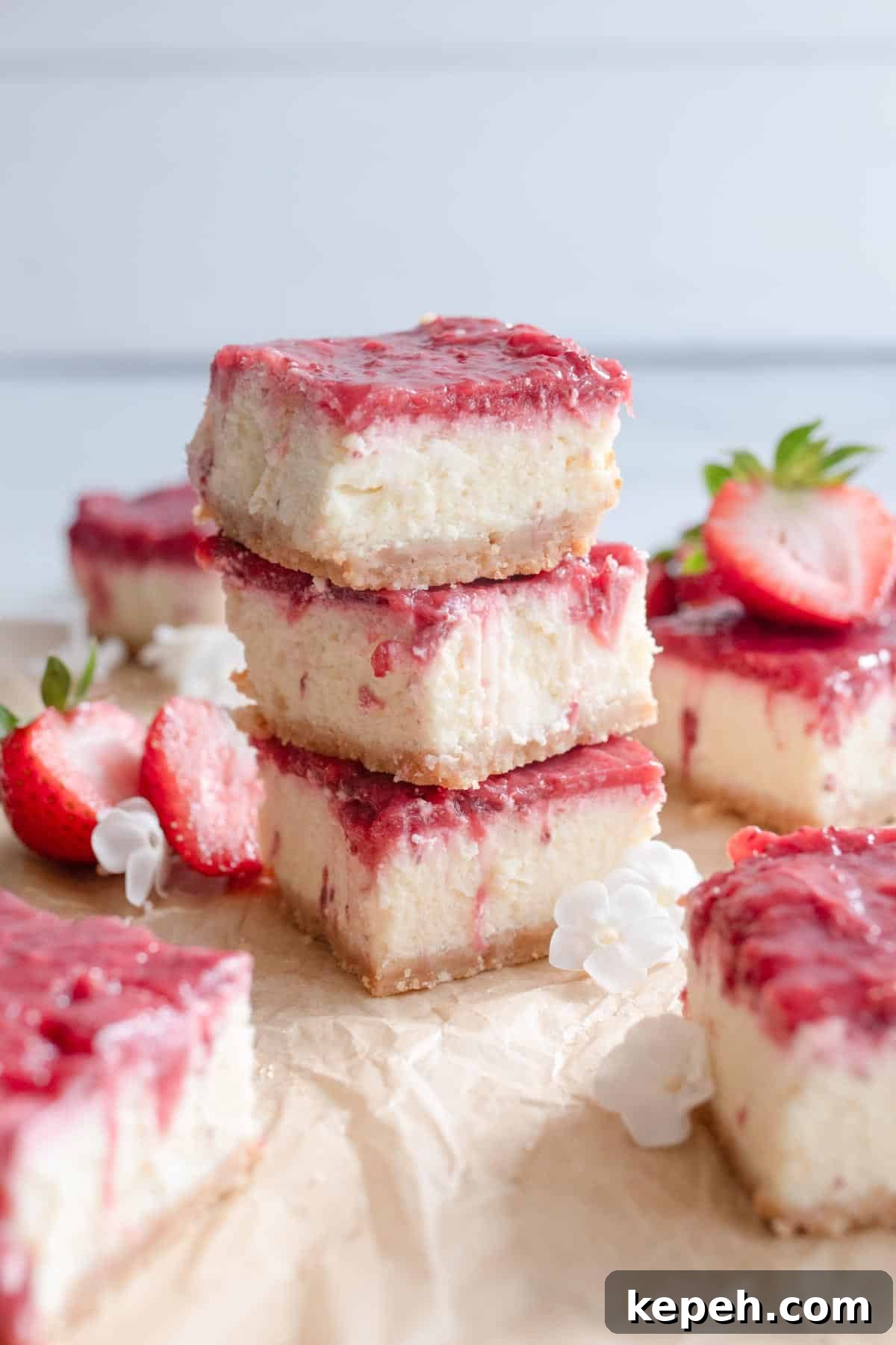 Strawberry Cheesecake Bar Recipe: Creamy No-Bake Dessert Bars 3 Three strawberry cheesecake bars stacked on top of each other with other bars topped with fresh sliced strawberries.