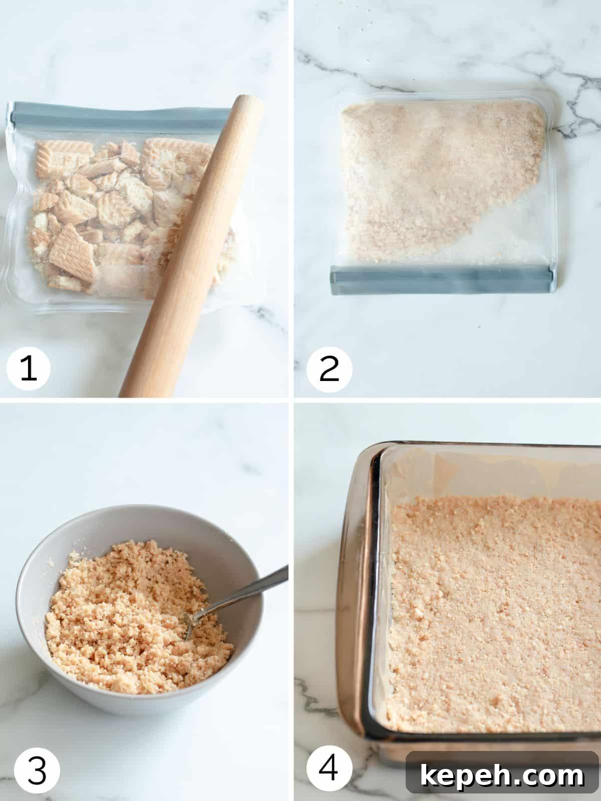 Strawberry Cheesecake Bar Recipe: Creamy No-Bake Dessert Bars 5 Four step photos of making the shortbread crust.