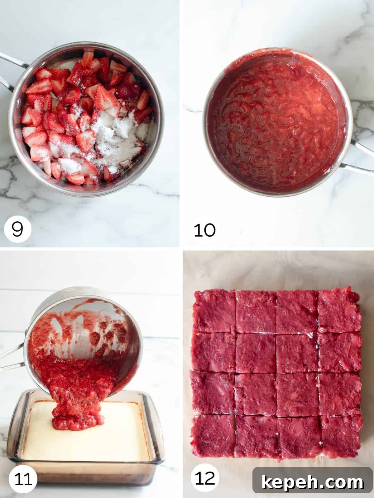 Strawberry Cheesecake Bar Recipe: Creamy No-Bake Dessert Bars 7 Step process for reducing fresh strawberries to make a strawberry topping and then pouring on top of the cheesecake bars.