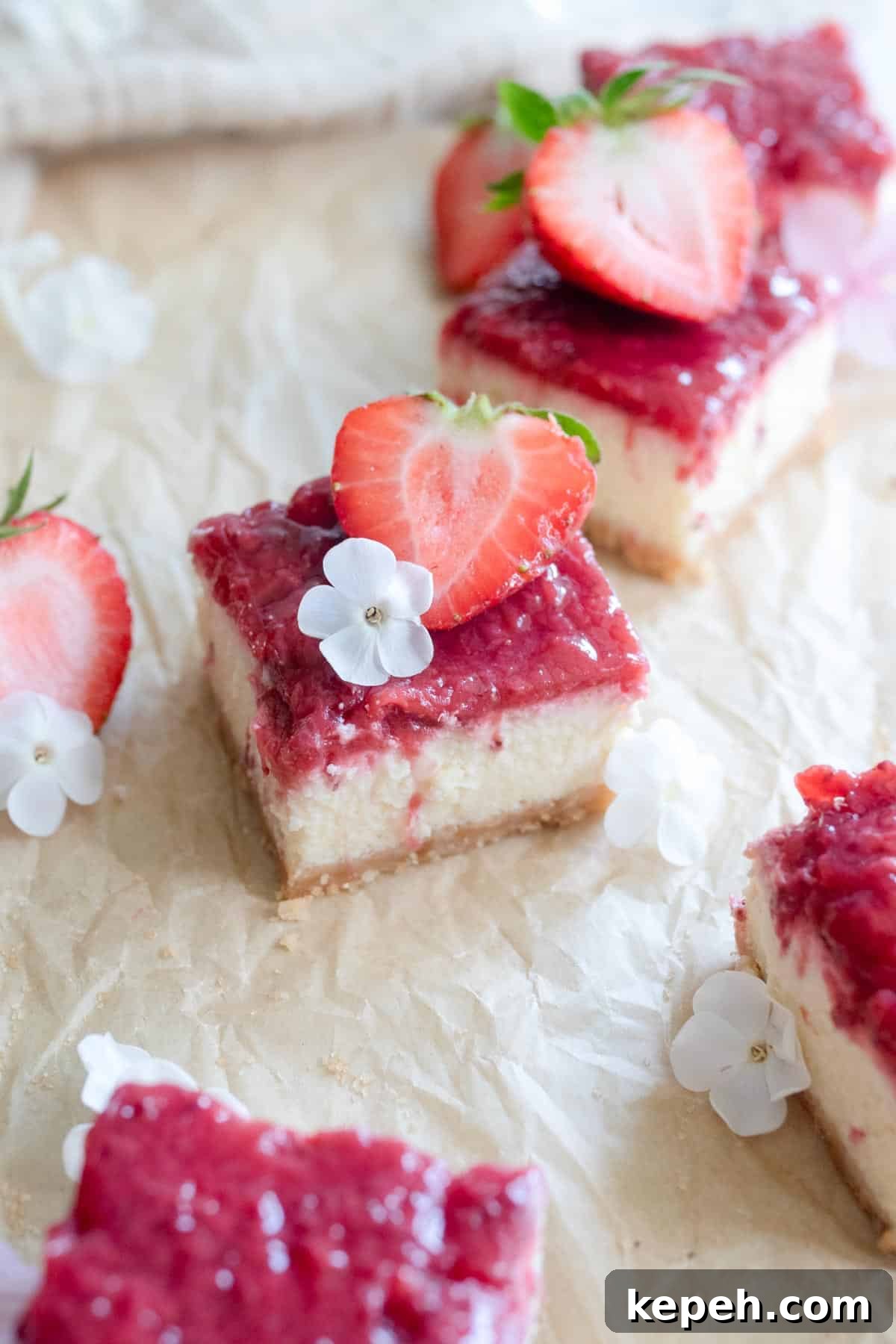 Strawberry Cheesecake Bar Recipe: Creamy No-Bake Dessert Bars 10 Cut cheesecake bars topped with fresh strawberries and small white flours on brown parchment paper.