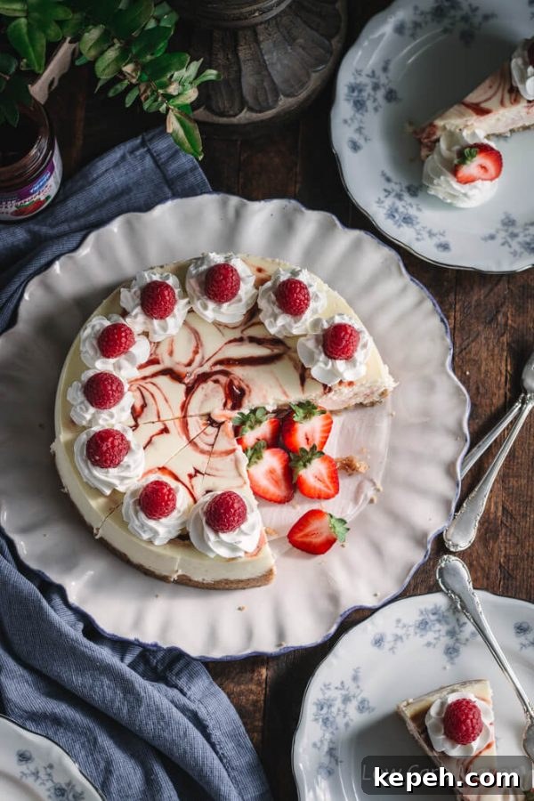 This keto cheesecake with raspberry swirl is delicious and perfect for a low carb and sugar free diet. No-added sugar strawberry/raspberry jam by Sukrin makes the perfect swirl. #ad