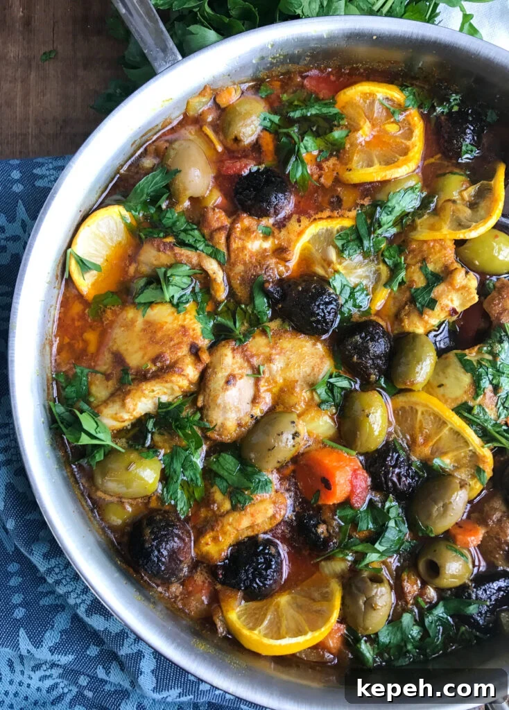 Moroccan-Spiced Chicken Thighs with Citrus and Olives 4 Moroccan Chicken Thighs in pan