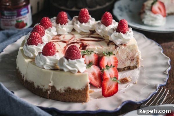 Strawberry and raspberry swirl cheesecake with whipped cream, fresh raspberries and strawberries on a plate.