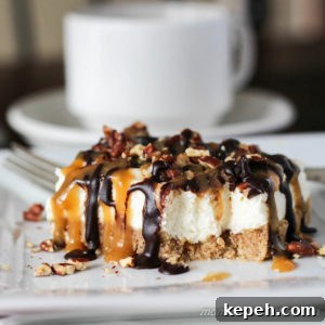 Pecan Turtle Cheesecake Bars have a brown sugar pecan crust & light-textured vanilla cheesecake topped with toasted pecans, chocolate fudge, & caramel. No-bake, low carb & sugar free | lowcarbmaven.com