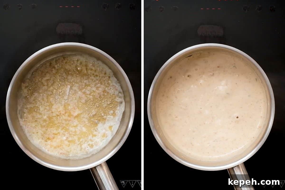 Recipe for Scalloped Potatoes Side by side saucepan with sauteed shallots and prepared sauce.