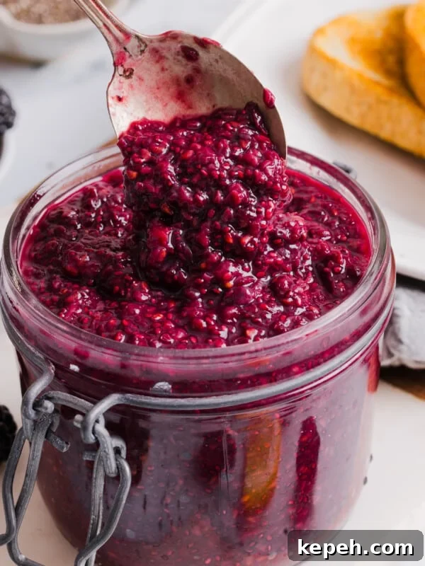 Raspberry Chia Seed Jam Recipe: Quick No-Cook Fruit Spread 10 Blackberry chia jam in a mason jar.
