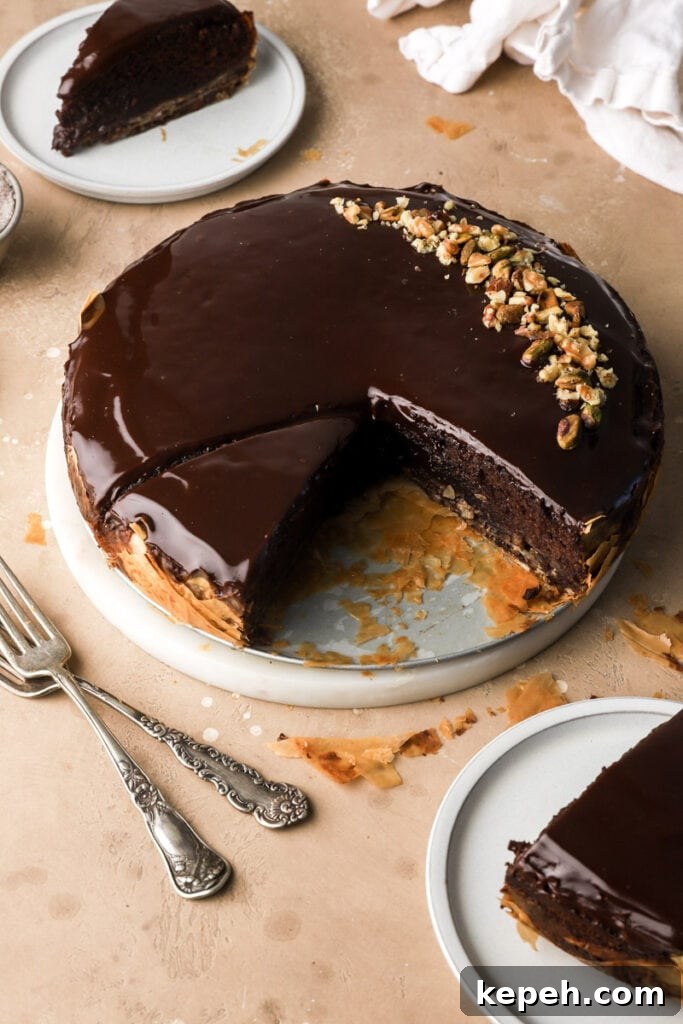 Decadent Chocolate Baklava Cake Recipe for Special Occasions 12 chocolate baklava cake with slice taken out