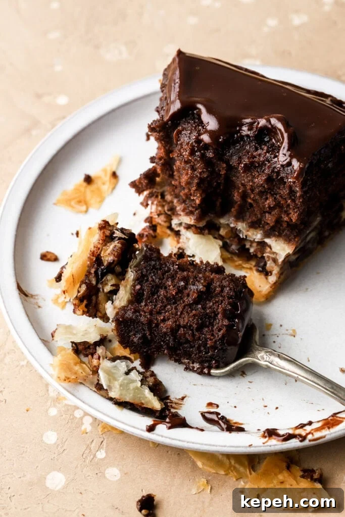Decadent Chocolate Baklava Cake Recipe for Special Occasions 14 slice of baklava cake on a plate with a fork