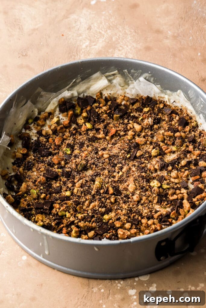 Decadent Chocolate Baklava Cake Recipe for Special Occasions 6 nut filling on buttered phyllo dough