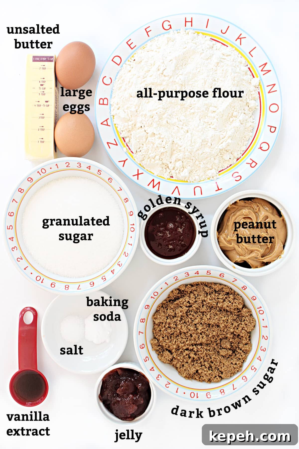 Peanut Butter and Jelly Cookie Recipe: Soft, Jam-Filled Treats 3 Recipe ingredients: flour, eggs, butter, sugars, golden syrup, vanilla, baking soda, salt, peanut butter, jelly.