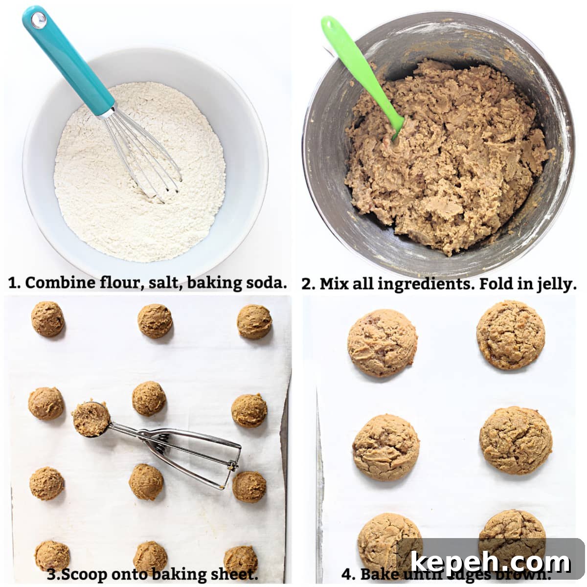 Peanut Butter and Jelly Cookie Recipe: Soft, Jam-Filled Treats 4 Cookie process collage; whisk dry ingredients, combine all ingredients, scoop dough balls, bake until edges brown.