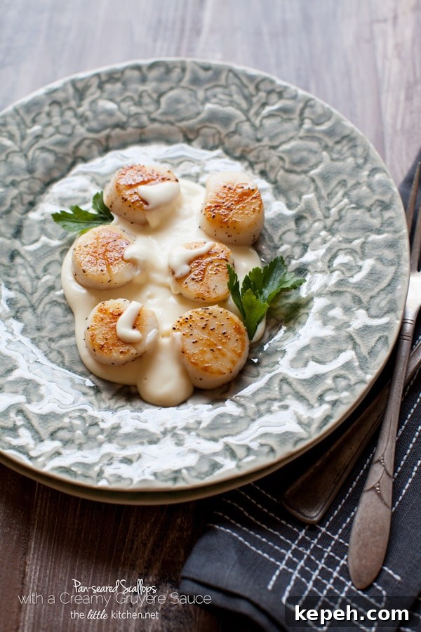 Pan-Seared Scallops with a Gruyère Cheese Sauce from The Little Kitchen thelittlekitchen.net Pan-Seared Scallops with a Gruyère Cheese Sauce from The Little Kitchen thelittlekitchen.net