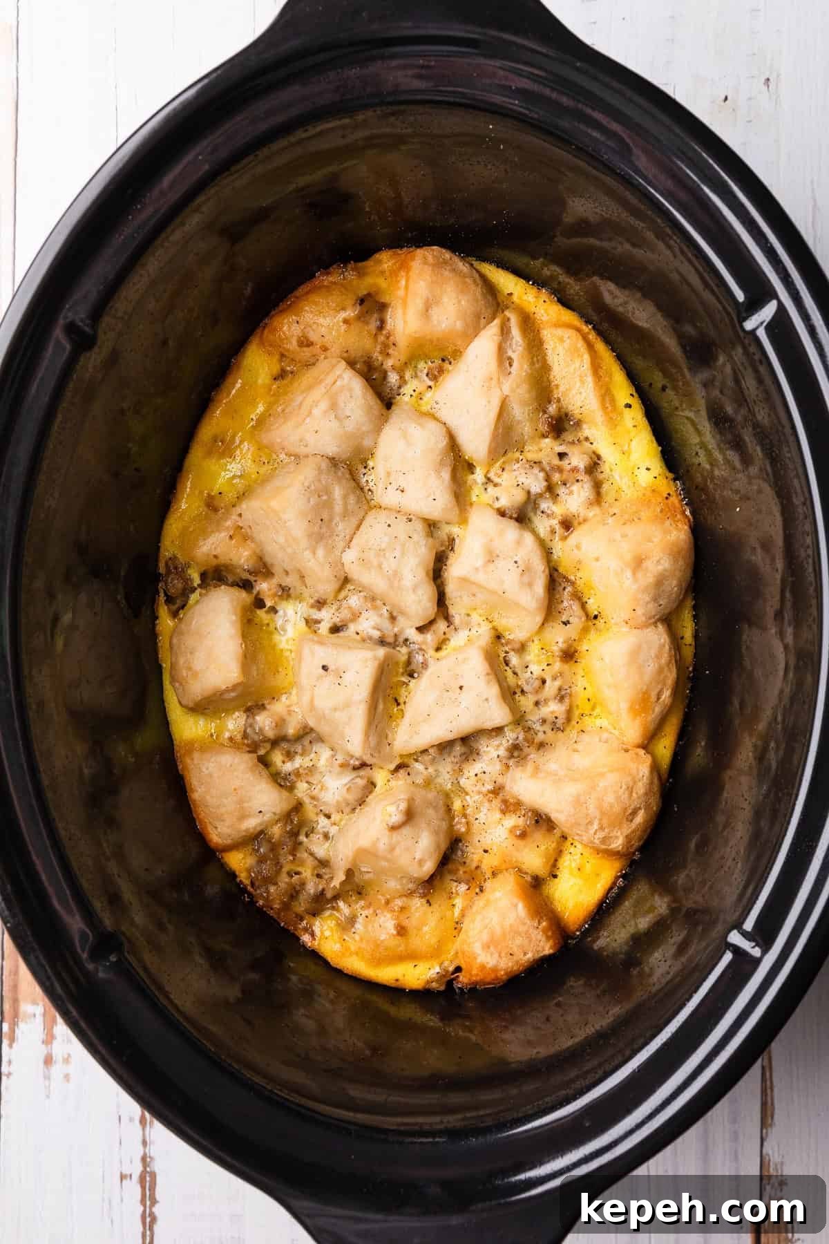 Crockpot Biscuits and Sausage Gravy Casserole 11 The casserole after cooking.