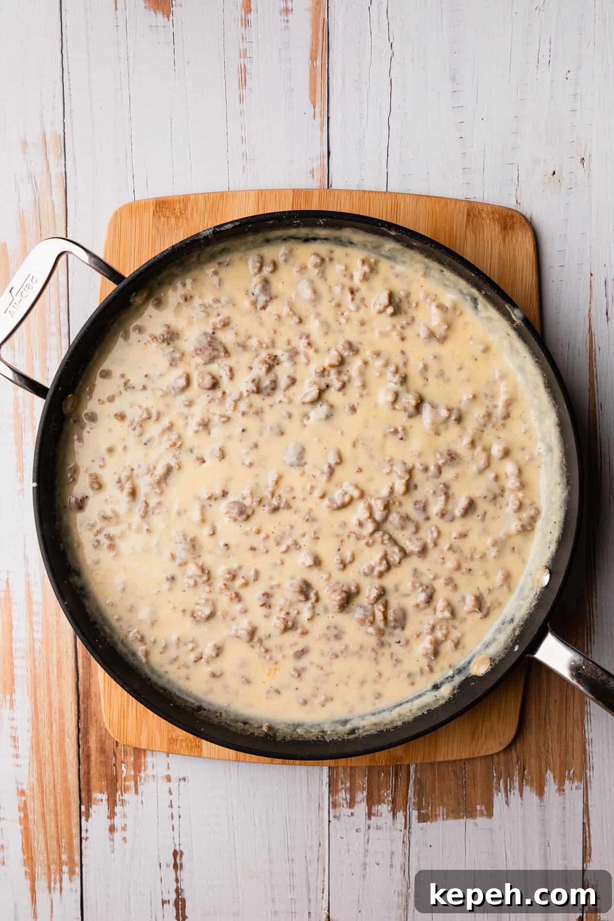 Crockpot Biscuits and Sausage Gravy Casserole 4 A skillet of sausage gravy.
