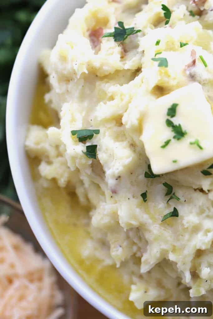 Garlic Parmesan Mashed Potatoes Recipe – Creamy, Savory Side Dish 2 garlic parmesan mashed potatoes recipe in a bowl topped with melted butter and chopped parsley.