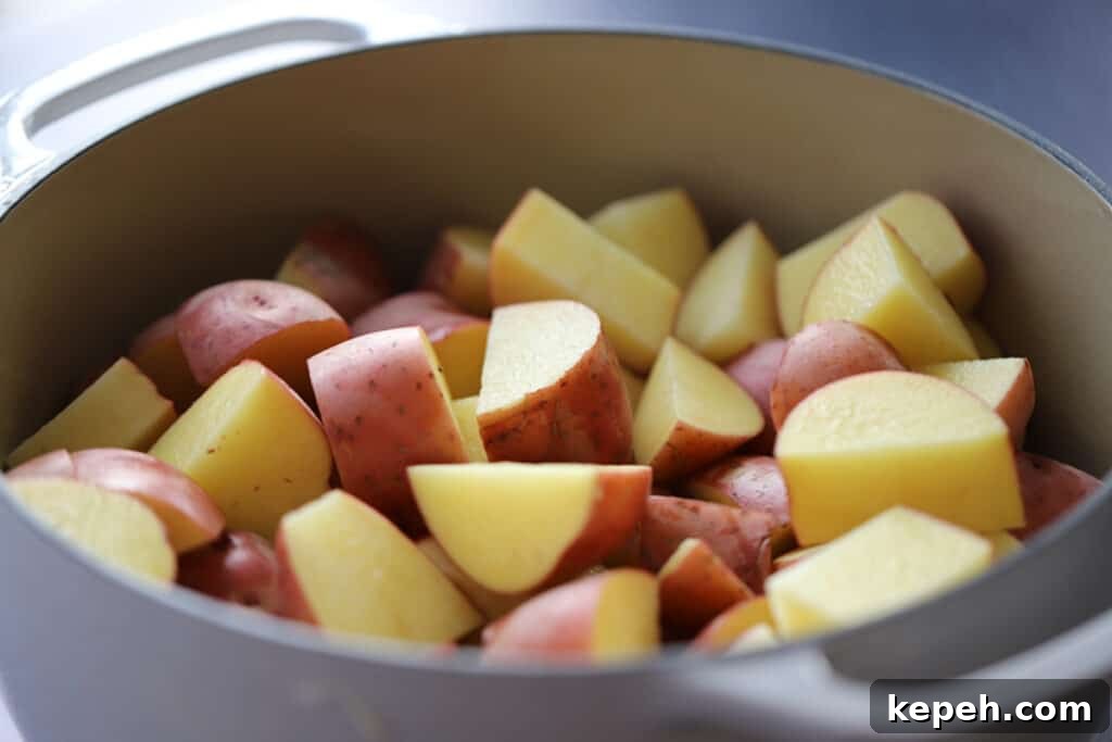 Garlic Parmesan Mashed Potatoes Recipe – Creamy, Savory Side Dish 4 A large pot with red potatoes chopped and read to make mashed parmesan potatoes.