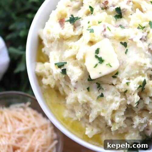 Garlic Parmesan Mashed Potatoes Recipe – Creamy, Savory Side Dish 6 Rustic Garlic Mashed Potatoes | thecarefreekitchen.com