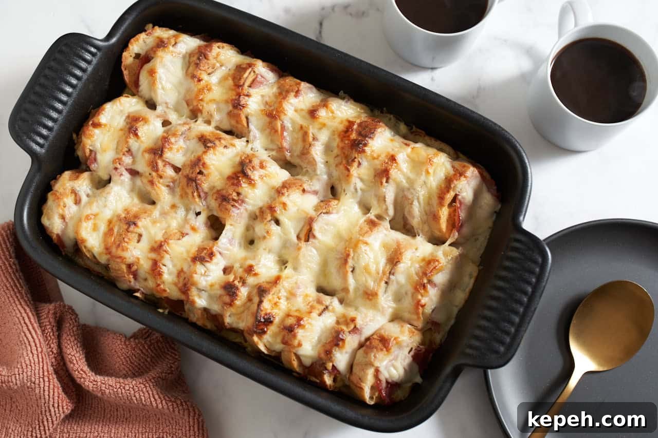 A croque monsieur breakfast casserole topped with melted gruyère cheese in a black dish, two cups of coffee are in the upper right, a gold spoon is in the bottom right.