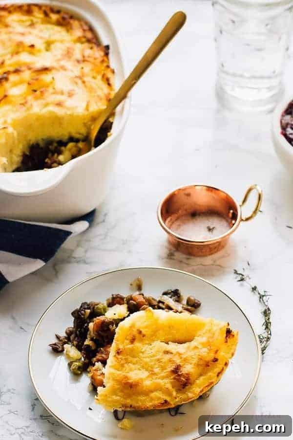 A portion of vegan shepherd's pie on a plate.