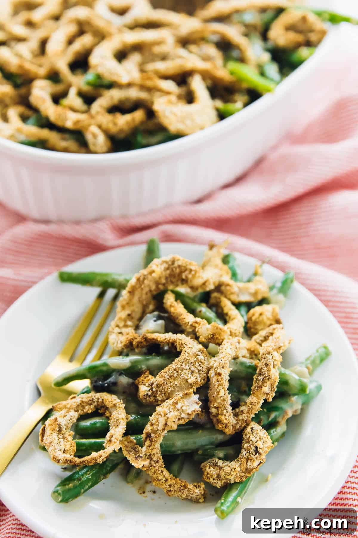 Green bean casserole on a plate and in a baking dish. 