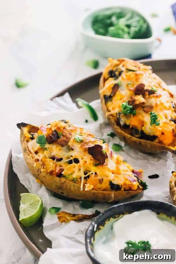 Loaded sweet potatoes on a grey dish. 