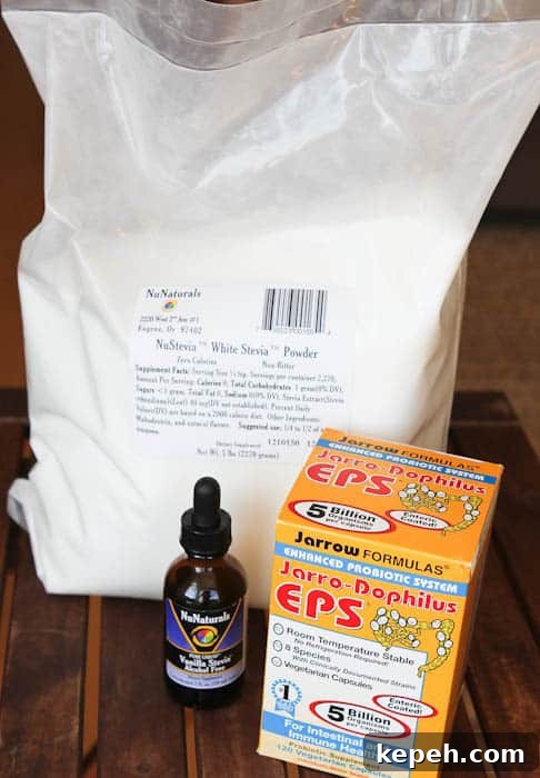 iherb Bag of white stevia powder, box of probiotics, and stevia drops bottle