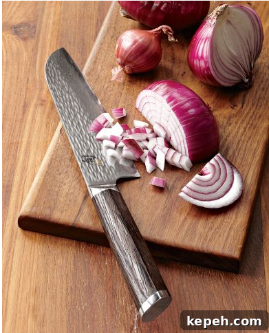 knife Shun Fuji Santoku knife with onions