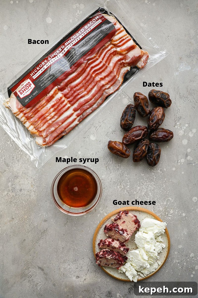 Ingredients used to make bacon wrapped goat cheese stuffed dates