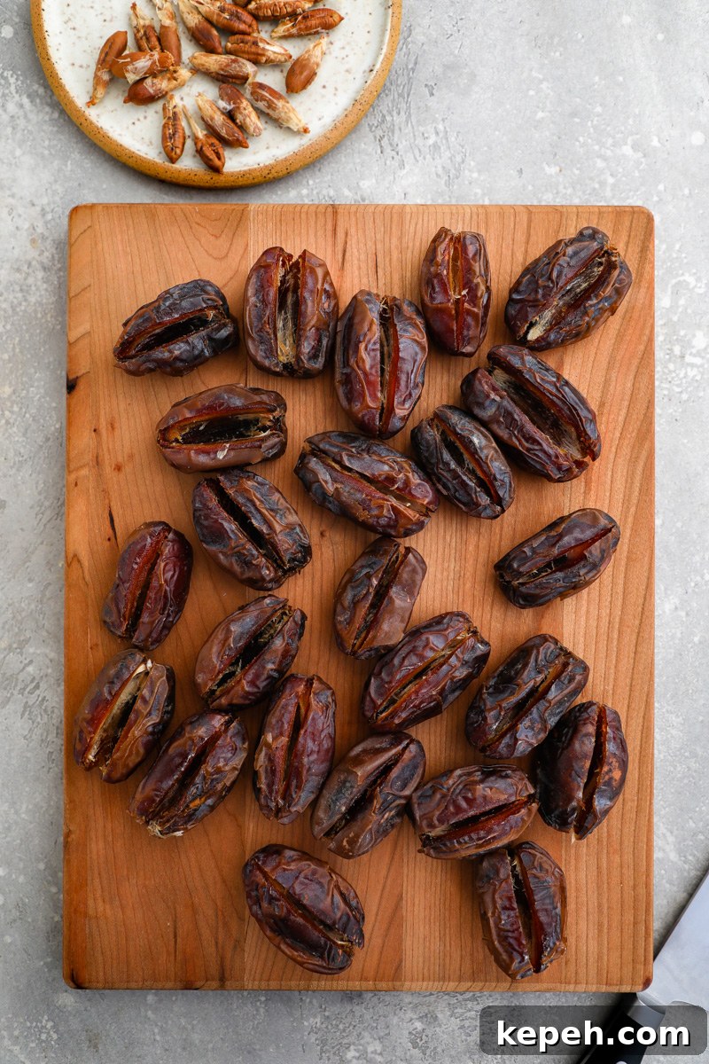 Sliced and pitted dates sitting on wood cutting board