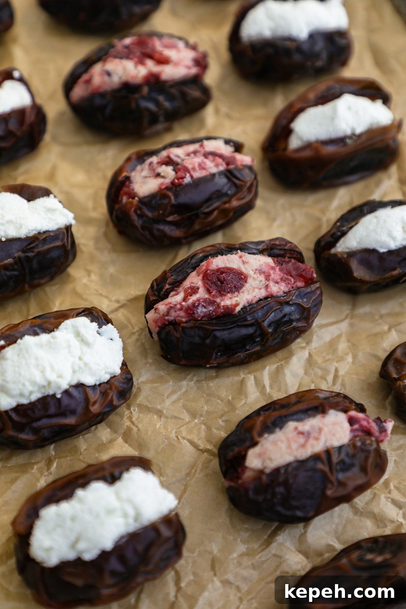 A baking sheet lined with parchment paper with lines of goat stuffed dates sitting on it