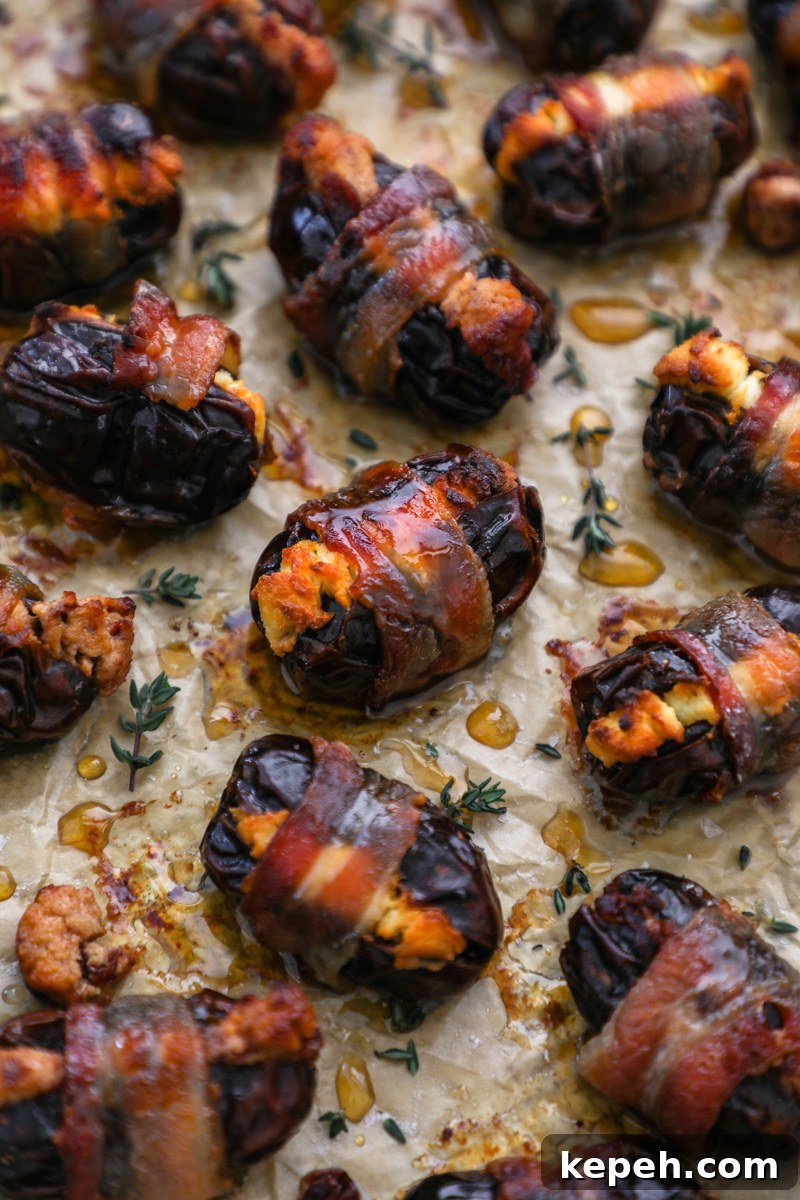Freshly baked stuffed dates wrapped in bacon pulled from the oven and brushed with maple syrup