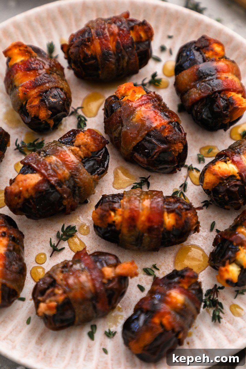 A close up photo of a bacon wrapped stuffed date drizzled with maple syrup