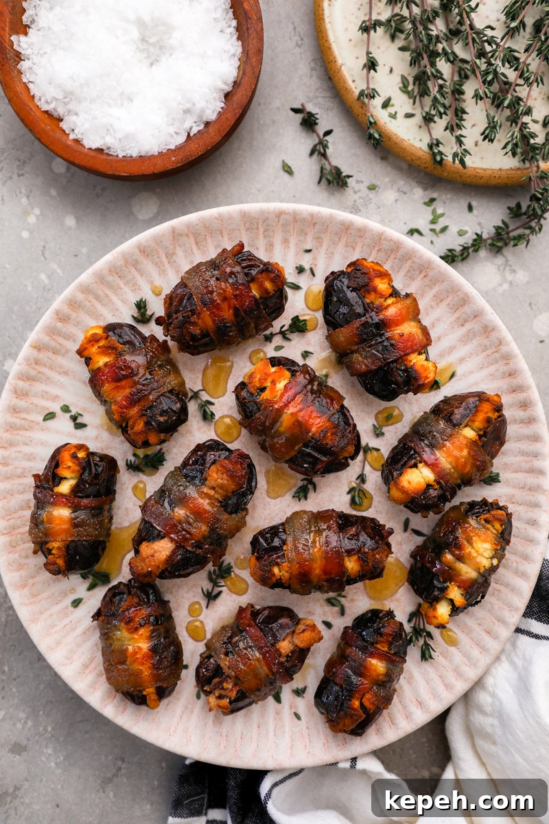 A large platter filled with bacon wrapped dates stuffed with 2 types of goat cheese surrounded by a small bowl of salt and fresh thyme