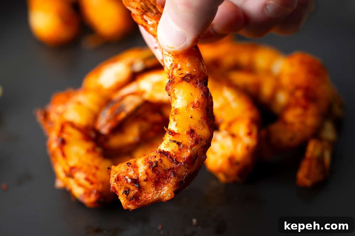 How to Smoke Shrimp Perfectly: Simple Steps for Juicy Flavor 12 Fingers holding a smoked shrimp showing red color and spices with a black background.
