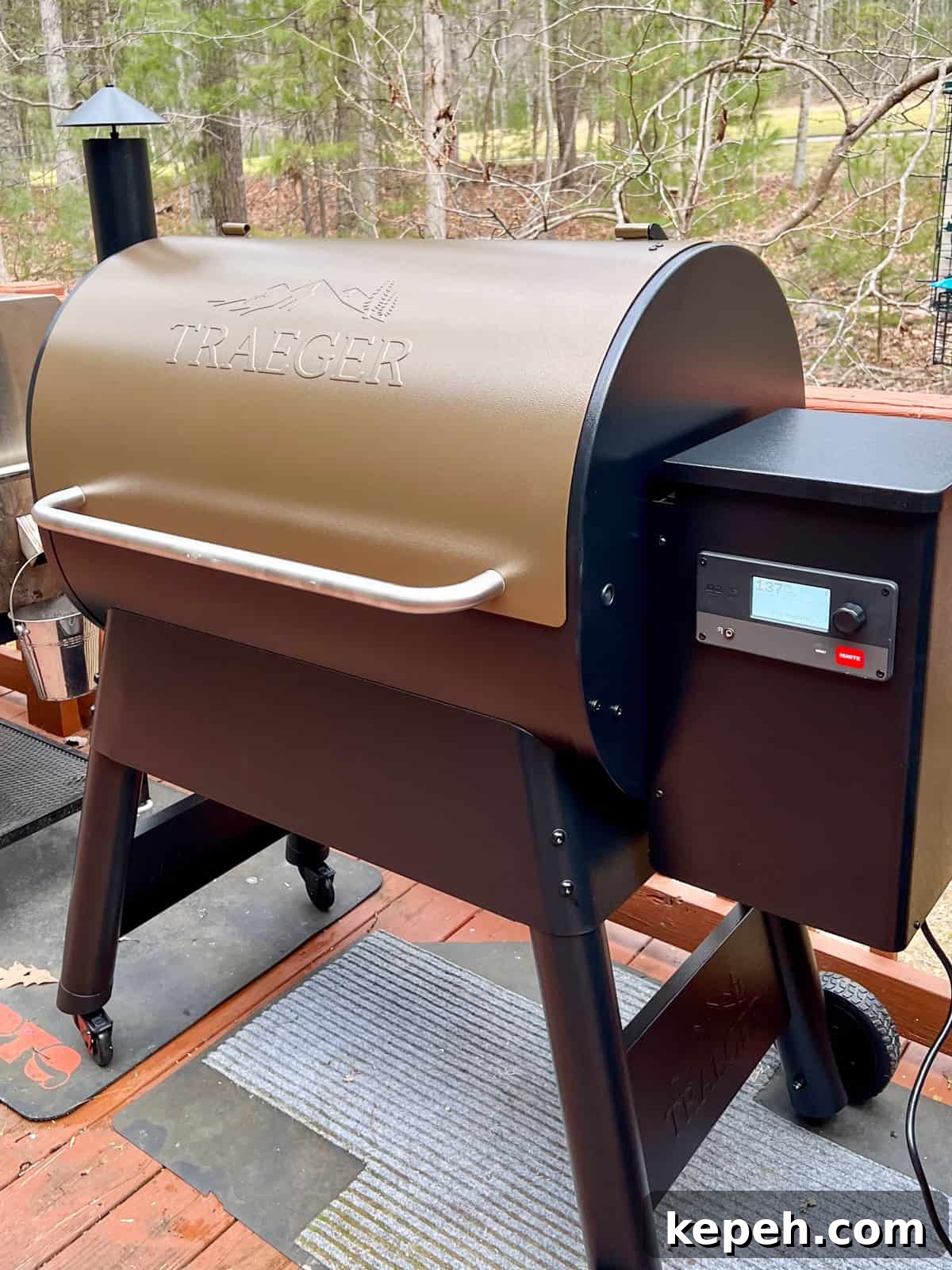 How to Smoke Shrimp Perfectly: Simple Steps for Juicy Flavor 13 Traeger grill on deck with woods in the background.