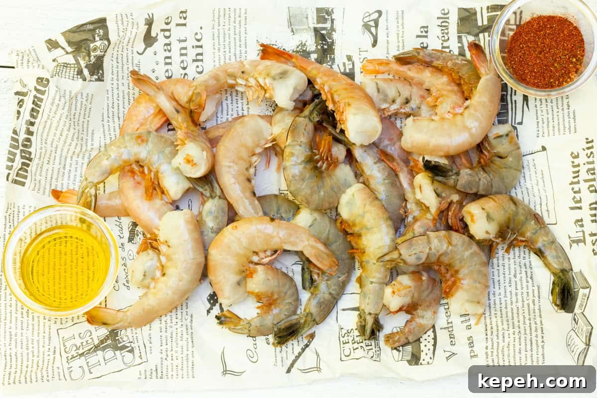 How to Smoke Shrimp Perfectly: Simple Steps for Juicy Flavor 3 Uncooked shrimp on newspaper surrounded with a dish of olive oil and spices.