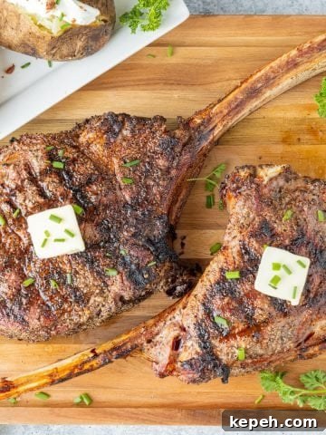 Two tomahawk ribeye steaks topped with butter on cutting board with garnish and baked potatoes.