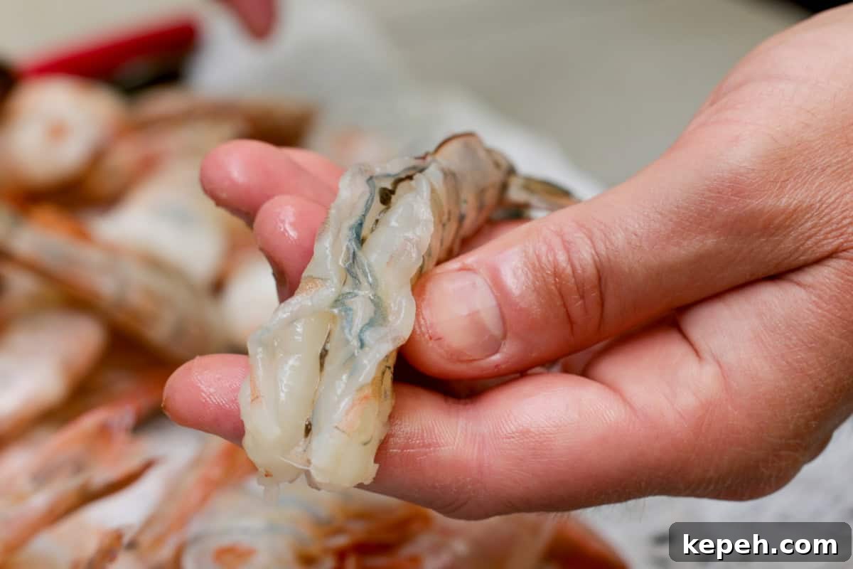 How to Smoke Shrimp Perfectly: Simple Steps for Juicy Flavor 5 Sliced shrimp showing vein being held in hand with plate of shrimp in background.