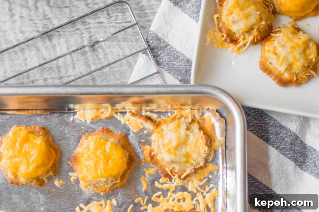 Crispy Cracker Tuna Melts: Quick Tuna Melt Bites 2 tiny tuna melts on a baking sheet and a few on a white plate