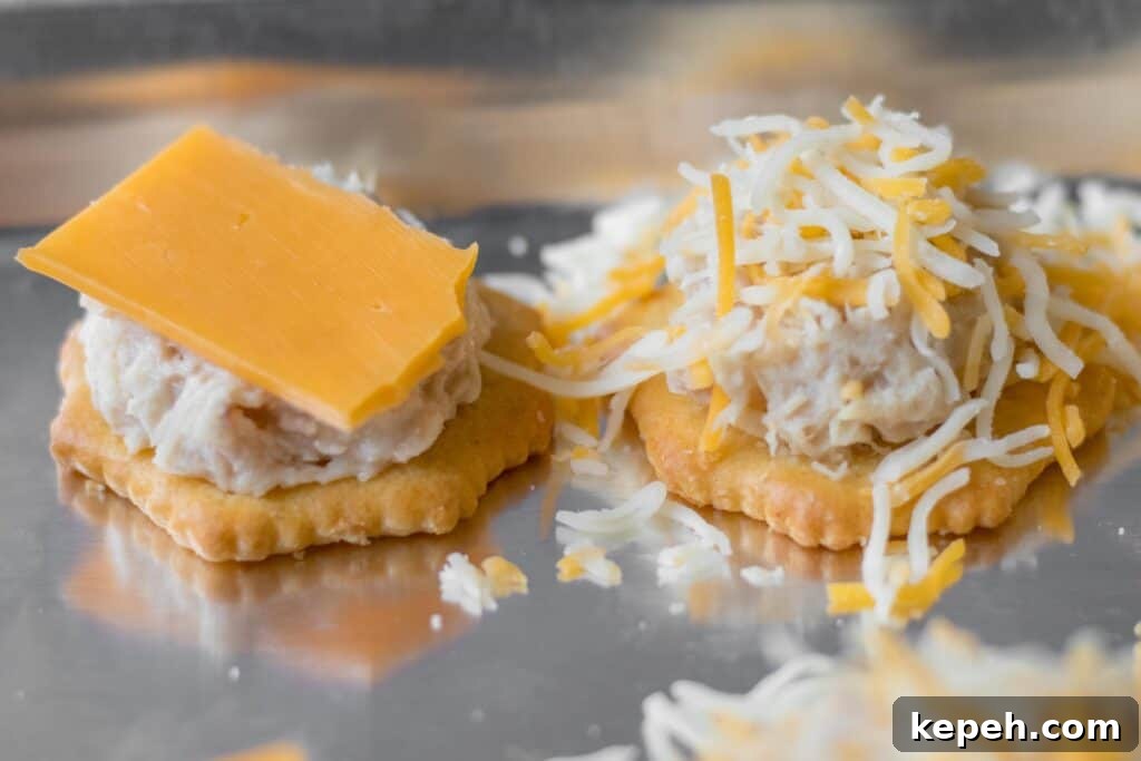Crispy Cracker Tuna Melts: Quick Tuna Melt Bites 3 two raw tuna melts on crackers, one with sliced cheddar and one with shredded cheese