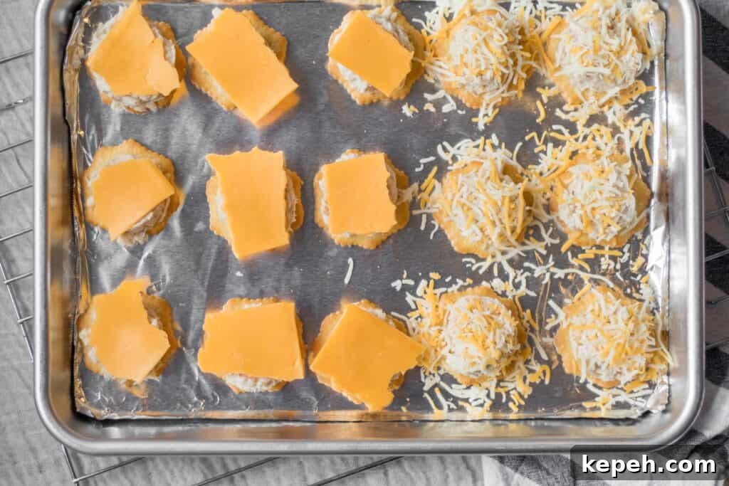 Crispy Cracker Tuna Melts: Quick Tuna Melt Bites 5 tuna melts with cheese on top ready for the oven