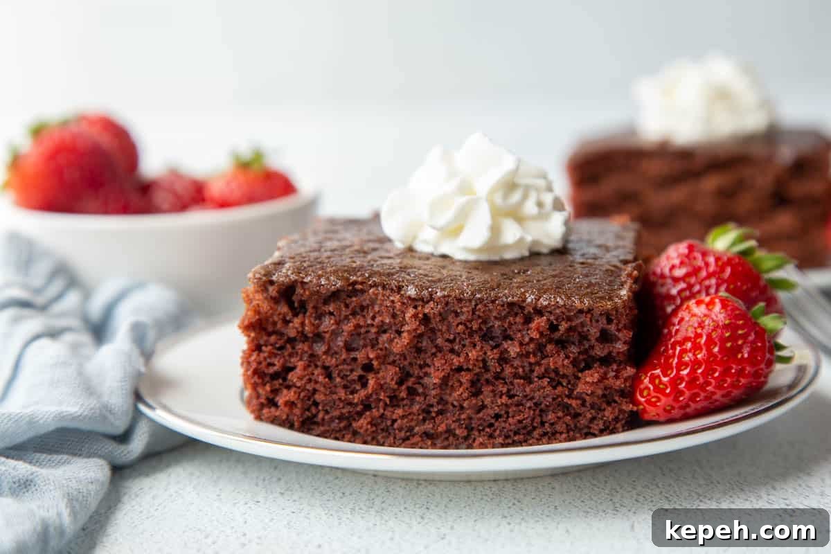 Eggless Wacky Cake Recipe: Moist Chocolate Cake Without Eggs or Milk 6 slice of wacky cake on a plate, surrounded by strawberries and topped with whipped cream.