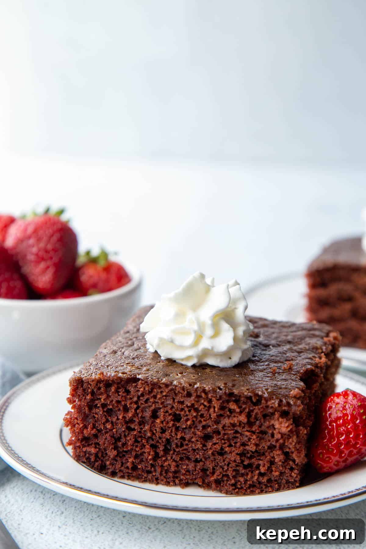 Eggless Wacky Cake Recipe: Moist Chocolate Cake Without Eggs or Milk 7 chocolate wacky cake slice topped with whipped cream on a white plate next to a few strawberries.