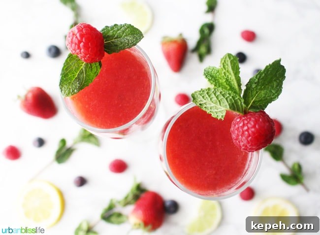 Raspberry Lime Bellini: Sparkling Brunch Cocktail Recipe 2 Raspberry Lime Bellinis overhead